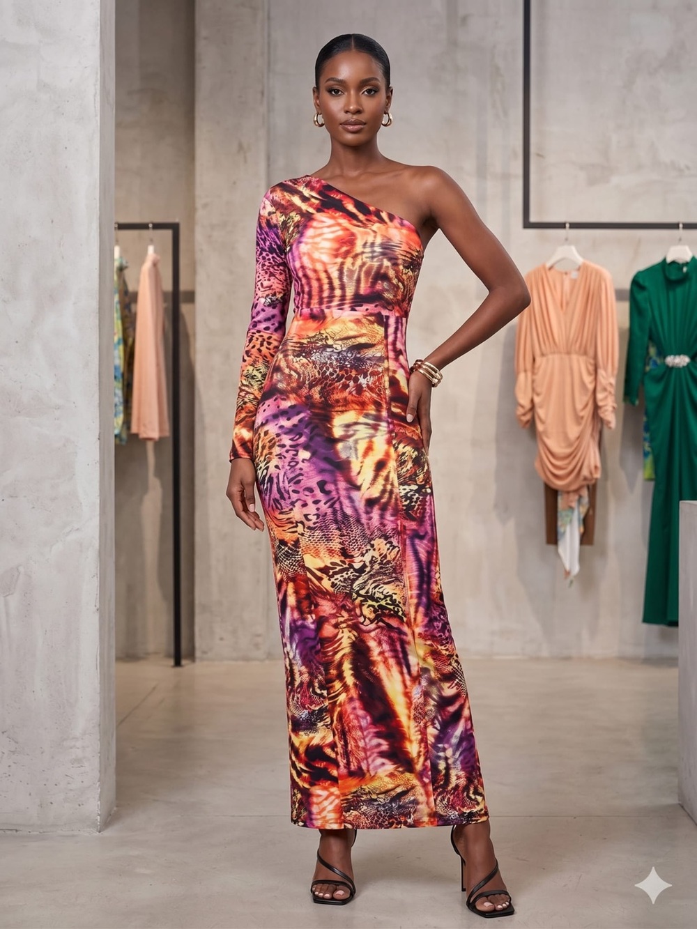 One-Shoulder Multi-Color Animal Print Maxi Dress